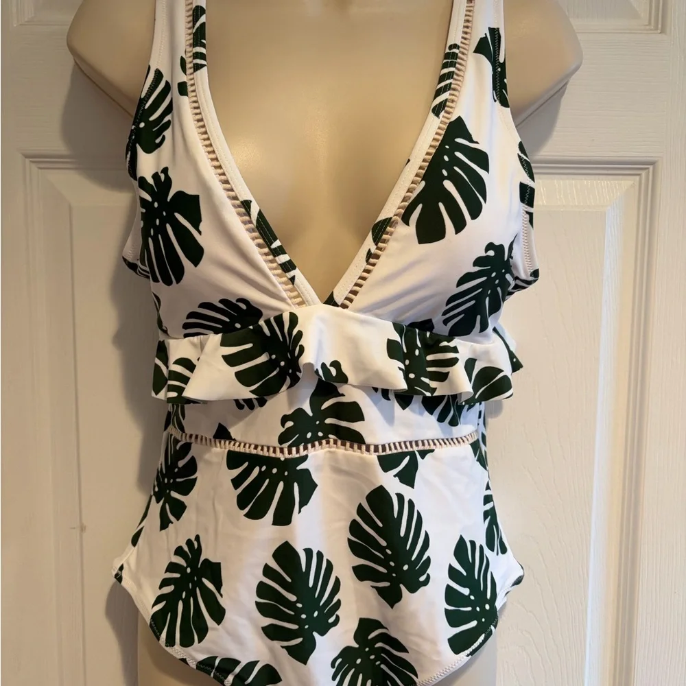 CUPSHE One Piece Swimsuit L White Green Tropical Leaf Cutout Ruffle NWT‎